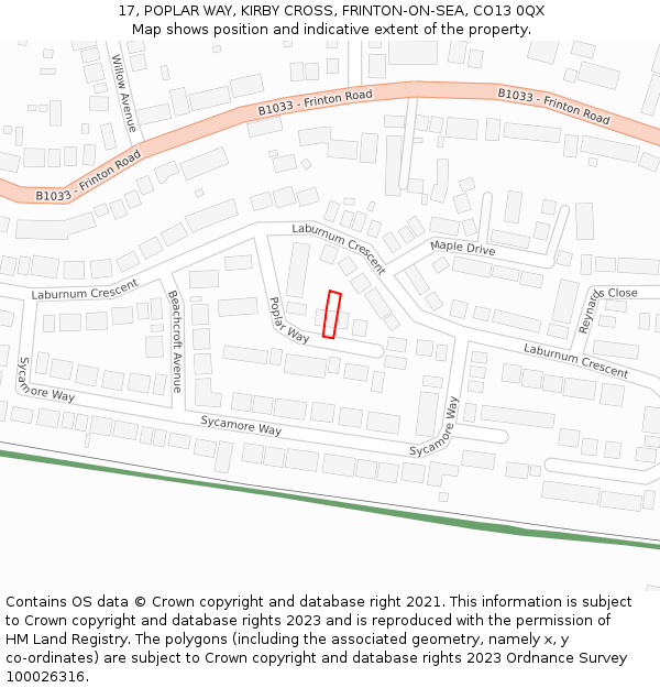 17, POPLAR WAY, KIRBY CROSS, FRINTON-ON-SEA, CO13 0QX: Location map and indicative extent of plot