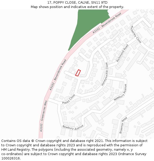 17, POPPY CLOSE, CALNE, SN11 9TD: Location map and indicative extent of plot
