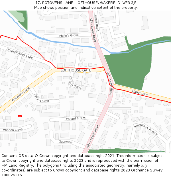 17, POTOVENS LANE, LOFTHOUSE, WAKEFIELD, WF3 3JE: Location map and indicative extent of plot