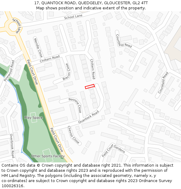 17, QUANTOCK ROAD, QUEDGELEY, GLOUCESTER, GL2 4TT: Location map and indicative extent of plot