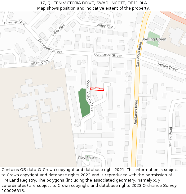 17, QUEEN VICTORIA DRIVE, SWADLINCOTE, DE11 0LA: Location map and indicative extent of plot