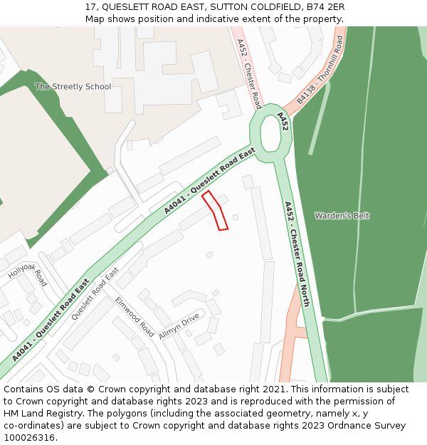 17, QUESLETT ROAD EAST, SUTTON COLDFIELD, B74 2ER: Location map and indicative extent of plot