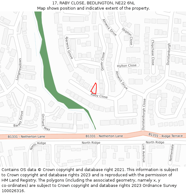 17, RABY CLOSE, BEDLINGTON, NE22 6NL: Location map and indicative extent of plot