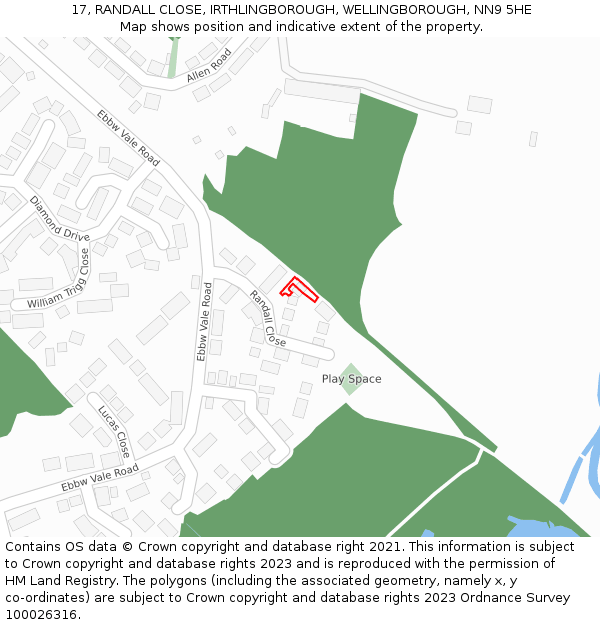 17, RANDALL CLOSE, IRTHLINGBOROUGH, WELLINGBOROUGH, NN9 5HE: Location map and indicative extent of plot