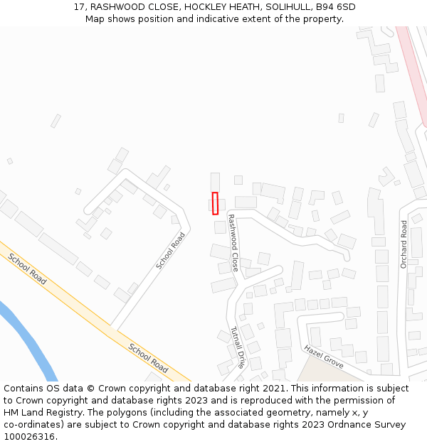 17, RASHWOOD CLOSE, HOCKLEY HEATH, SOLIHULL, B94 6SD: Location map and indicative extent of plot