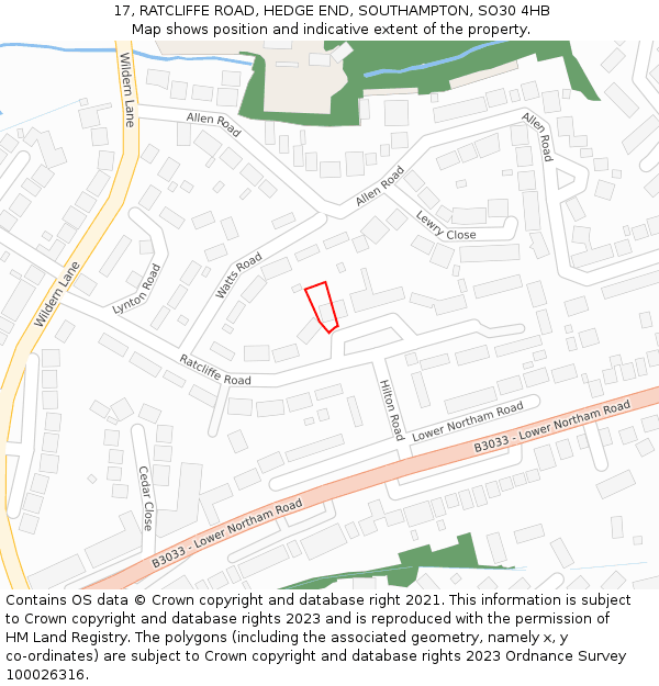 17, RATCLIFFE ROAD, HEDGE END, SOUTHAMPTON, SO30 4HB: Location map and indicative extent of plot