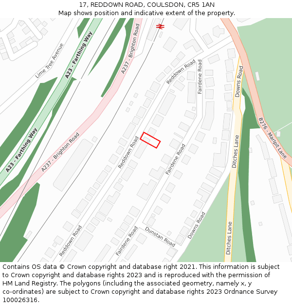 17, REDDOWN ROAD, COULSDON, CR5 1AN: Location map and indicative extent of plot