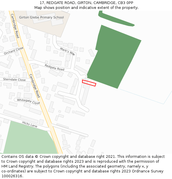 17, REDGATE ROAD, GIRTON, CAMBRIDGE, CB3 0PP: Location map and indicative extent of plot