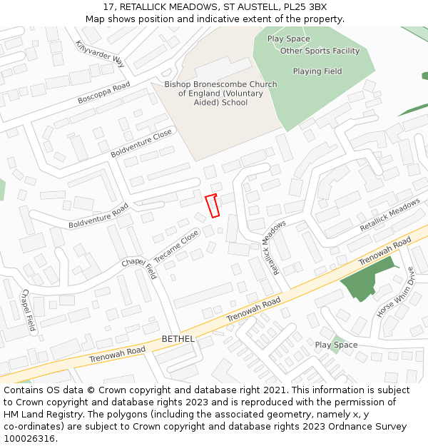 17, RETALLICK MEADOWS, ST AUSTELL, PL25 3BX: Location map and indicative extent of plot