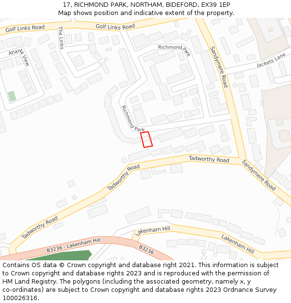 17, RICHMOND PARK, NORTHAM, BIDEFORD, EX39 1EP: Location map and indicative extent of plot