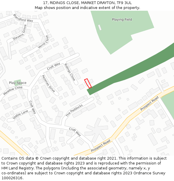 17, RIDINGS CLOSE, MARKET DRAYTON, TF9 3UL: Location map and indicative extent of plot