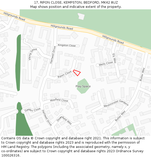 17, RIPON CLOSE, KEMPSTON, BEDFORD, MK42 8UZ: Location map and indicative extent of plot
