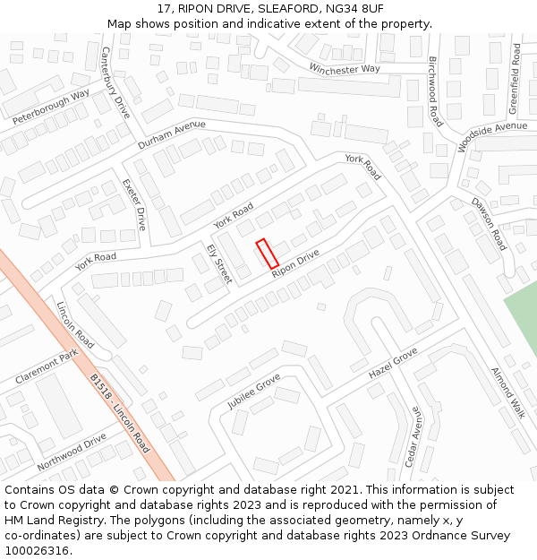17, RIPON DRIVE, SLEAFORD, NG34 8UF: Location map and indicative extent of plot
