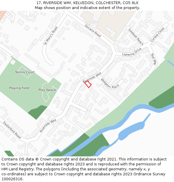 17, RIVERSIDE WAY, KELVEDON, COLCHESTER, CO5 9LX: Location map and indicative extent of plot