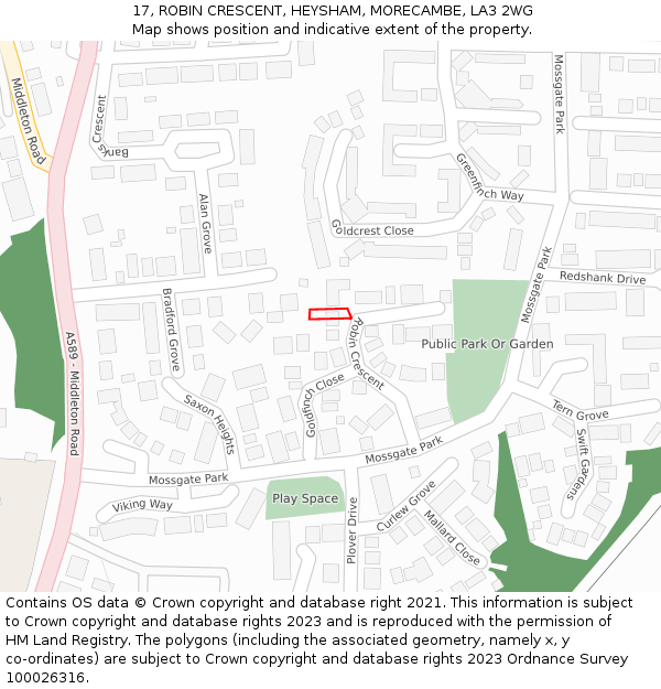 17, ROBIN CRESCENT, HEYSHAM, MORECAMBE, LA3 2WG: Location map and indicative extent of plot