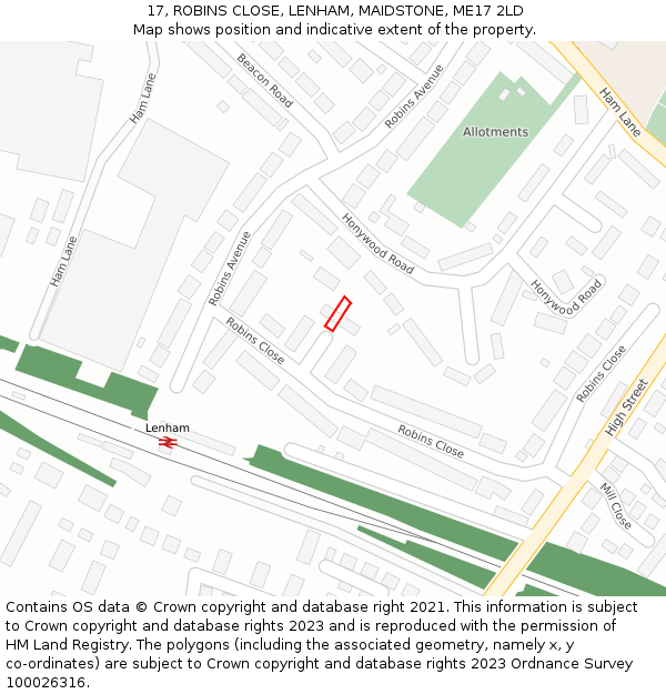 17, ROBINS CLOSE, LENHAM, MAIDSTONE, ME17 2LD: Location map and indicative extent of plot