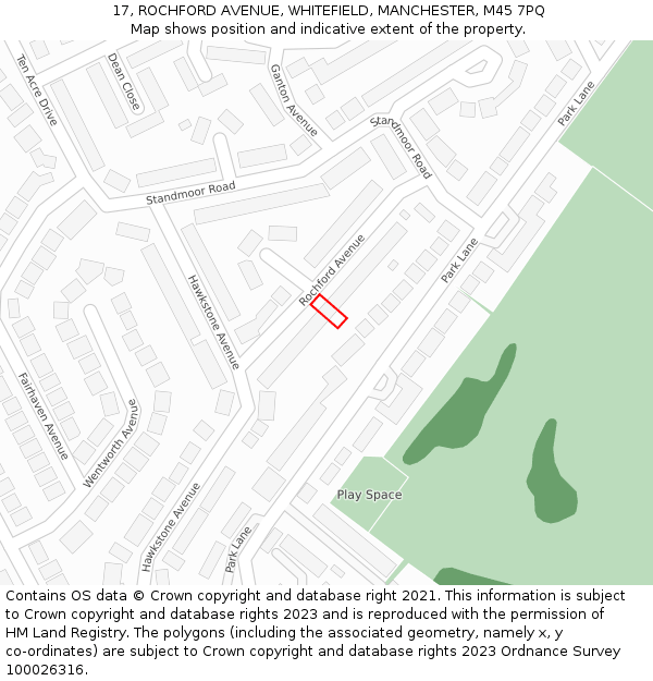 17, ROCHFORD AVENUE, WHITEFIELD, MANCHESTER, M45 7PQ: Location map and indicative extent of plot