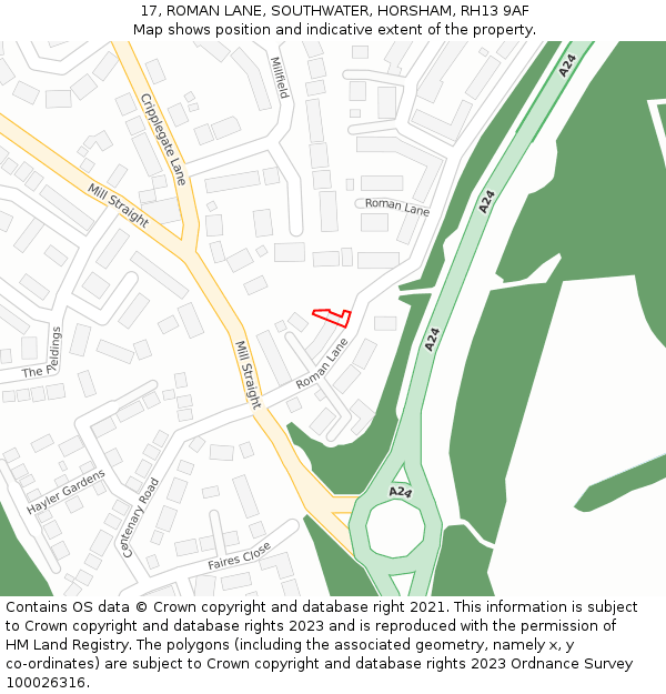 17, ROMAN LANE, SOUTHWATER, HORSHAM, RH13 9AF: Location map and indicative extent of plot