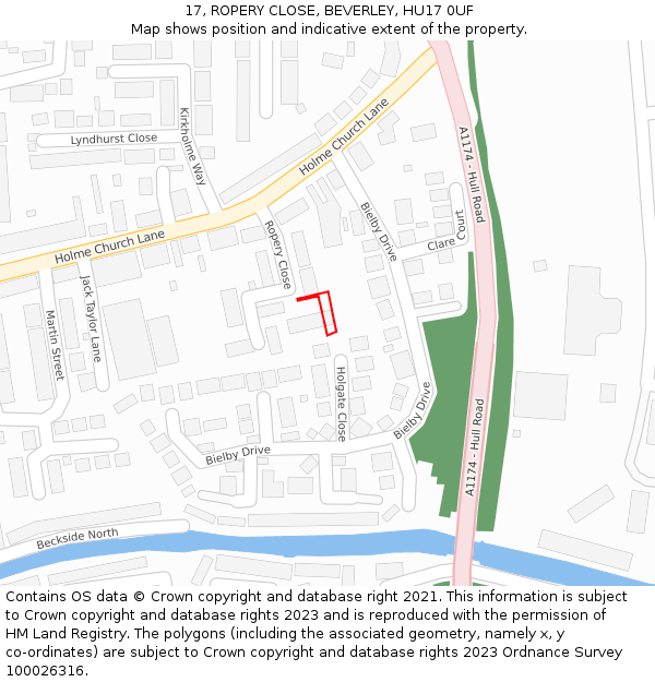 17, ROPERY CLOSE, BEVERLEY, HU17 0UF: Location map and indicative extent of plot