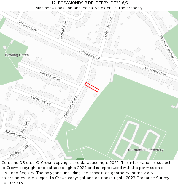 17, ROSAMONDS RIDE, DERBY, DE23 6JS: Location map and indicative extent of plot