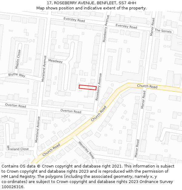 17, ROSEBERRY AVENUE, BENFLEET, SS7 4HH: Location map and indicative extent of plot