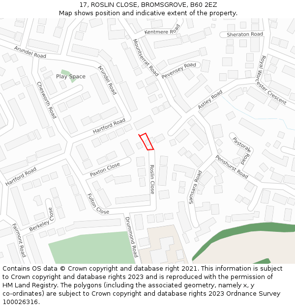 17, ROSLIN CLOSE, BROMSGROVE, B60 2EZ: Location map and indicative extent of plot