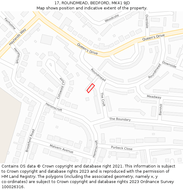 17, ROUNDMEAD, BEDFORD, MK41 9JD: Location map and indicative extent of plot