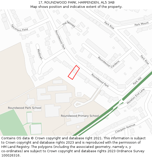17, ROUNDWOOD PARK, HARPENDEN, AL5 3AB: Location map and indicative extent of plot