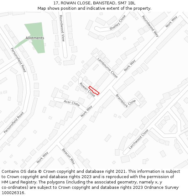 17, ROWAN CLOSE, BANSTEAD, SM7 1BL: Location map and indicative extent of plot