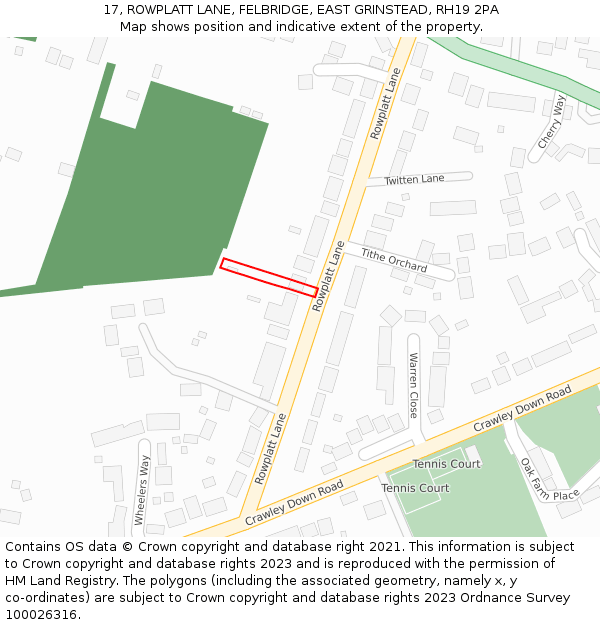 17, ROWPLATT LANE, FELBRIDGE, EAST GRINSTEAD, RH19 2PA: Location map and indicative extent of plot