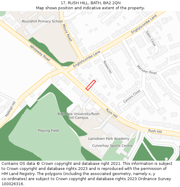 17, RUSH HILL, BATH, BA2 2QN: Location map and indicative extent of plot