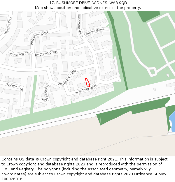 17, RUSHMORE DRIVE, WIDNES, WA8 9QB: Location map and indicative extent of plot