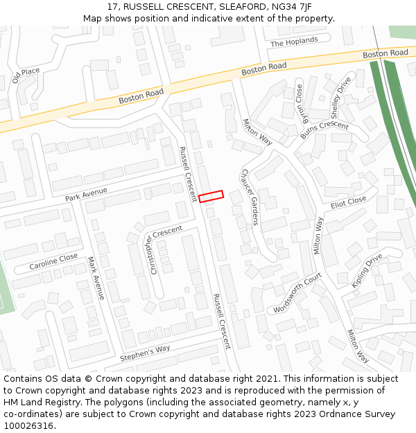 17, RUSSELL CRESCENT, SLEAFORD, NG34 7JF: Location map and indicative extent of plot