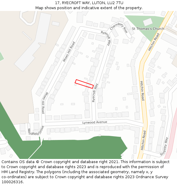 17, RYECROFT WAY, LUTON, LU2 7TU: Location map and indicative extent of plot