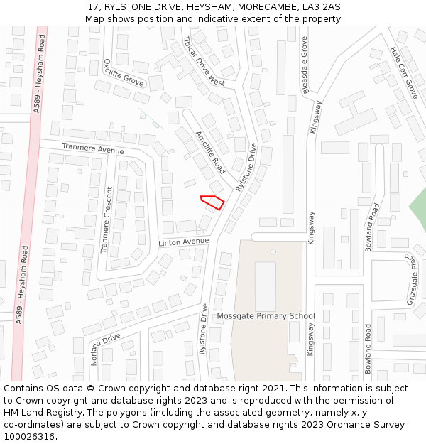 17, RYLSTONE DRIVE, HEYSHAM, MORECAMBE, LA3 2AS: Location map and indicative extent of plot