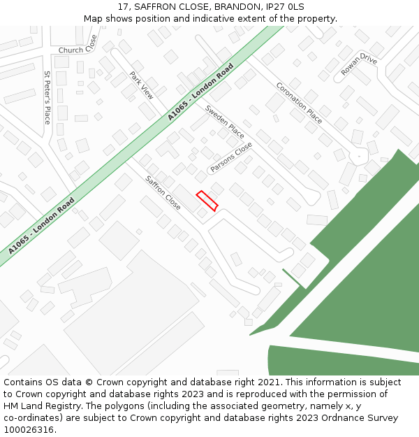 17, SAFFRON CLOSE, BRANDON, IP27 0LS: Location map and indicative extent of plot