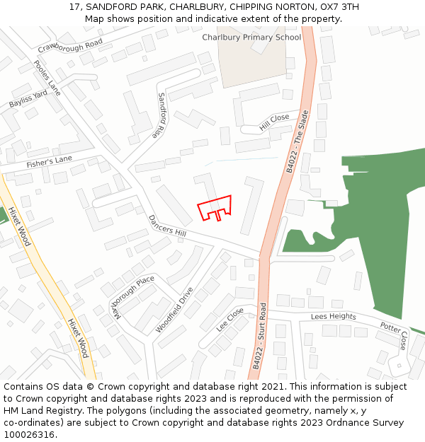 17, SANDFORD PARK, CHARLBURY, CHIPPING NORTON, OX7 3TH: Location map and indicative extent of plot