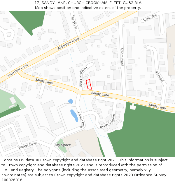 17, SANDY LANE, CHURCH CROOKHAM, FLEET, GU52 8LA: Location map and indicative extent of plot