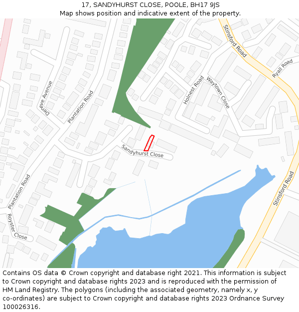 17, SANDYHURST CLOSE, POOLE, BH17 9JS: Location map and indicative extent of plot