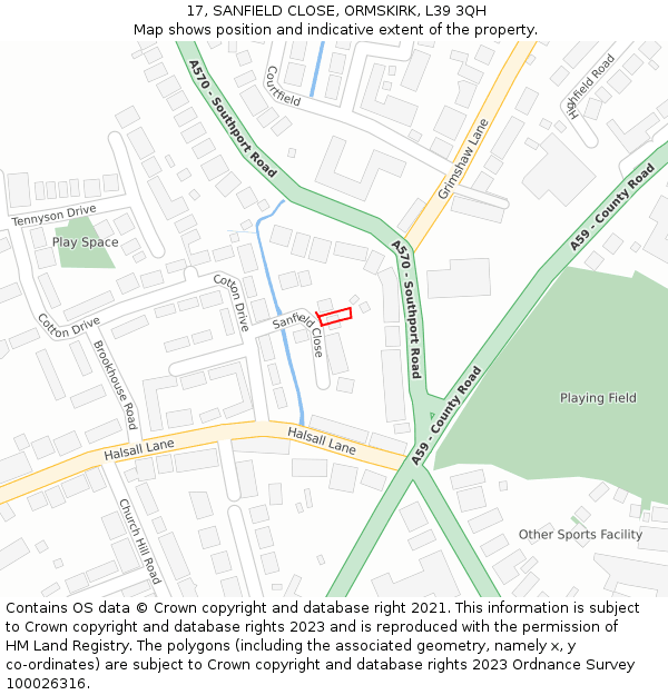 17, SANFIELD CLOSE, ORMSKIRK, L39 3QH: Location map and indicative extent of plot