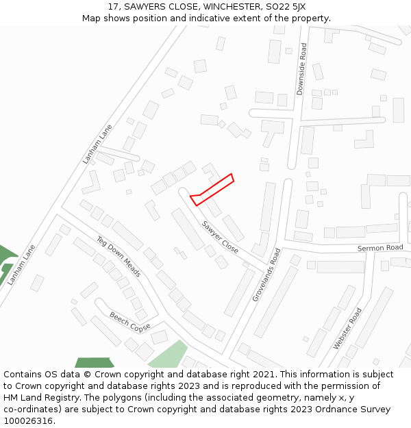 17, SAWYERS CLOSE, WINCHESTER, SO22 5JX: Location map and indicative extent of plot