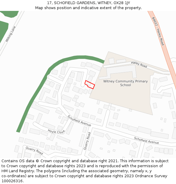 17, SCHOFIELD GARDENS, WITNEY, OX28 1JY: Location map and indicative extent of plot