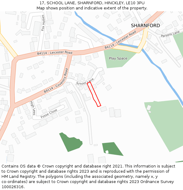 17, SCHOOL LANE, SHARNFORD, HINCKLEY, LE10 3PU: Location map and indicative extent of plot