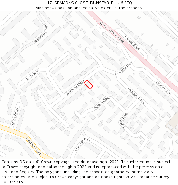 17, SEAMONS CLOSE, DUNSTABLE, LU6 3EQ: Location map and indicative extent of plot