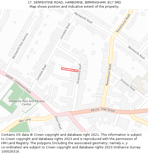 17, SERPENTINE ROAD, HARBORNE, BIRMINGHAM, B17 9RD: Location map and indicative extent of plot