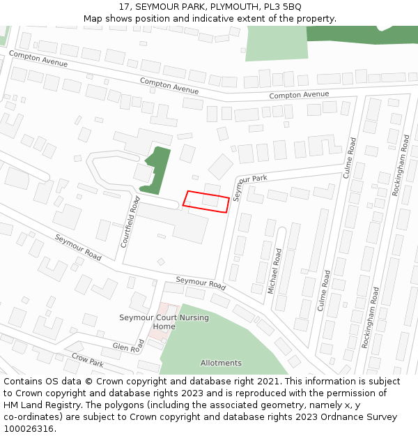 17, SEYMOUR PARK, PLYMOUTH, PL3 5BQ: Location map and indicative extent of plot