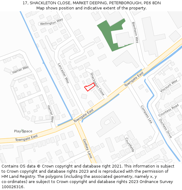 17, SHACKLETON CLOSE, MARKET DEEPING, PETERBOROUGH, PE6 8DN: Location map and indicative extent of plot