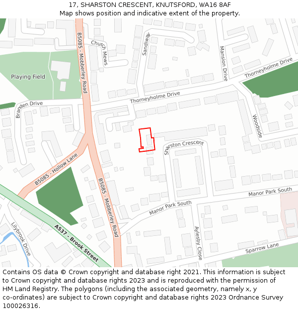 17, SHARSTON CRESCENT, KNUTSFORD, WA16 8AF: Location map and indicative extent of plot