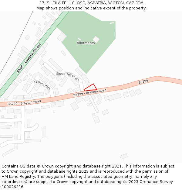 17, SHEILA FELL CLOSE, ASPATRIA, WIGTON, CA7 3DA: Location map and indicative extent of plot