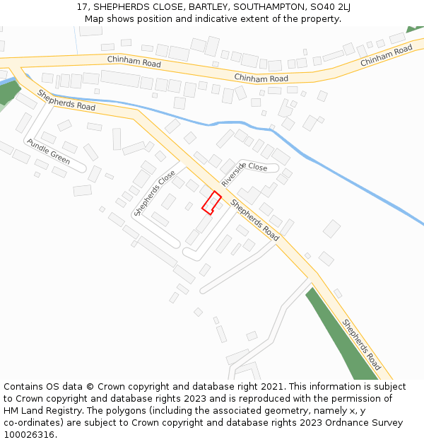 17, SHEPHERDS CLOSE, BARTLEY, SOUTHAMPTON, SO40 2LJ: Location map and indicative extent of plot